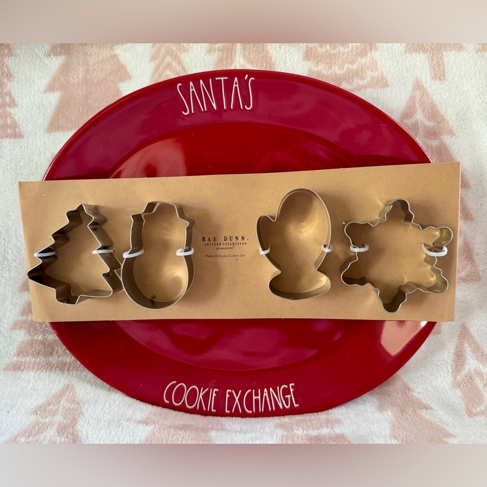 Rae Dunn Santa’s Cookie Exchange Plate Platter with Cookie Cutters Set NIB